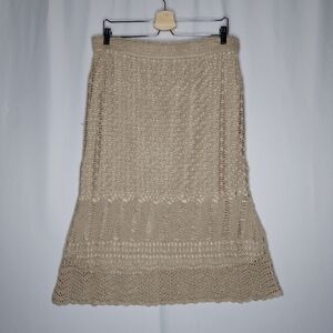 Worth Crochet Knit Skirt Womens XL Beige Midi Boho Ramie‎ Vtg Cottagecore Boho